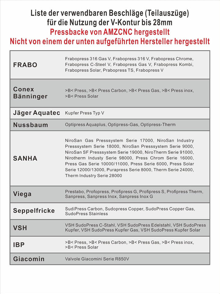 AMZCNC Pressbacke V12-V28 V-Kontur für Kupferrohr Presszangen | Für Installateure und Handwerker: V-