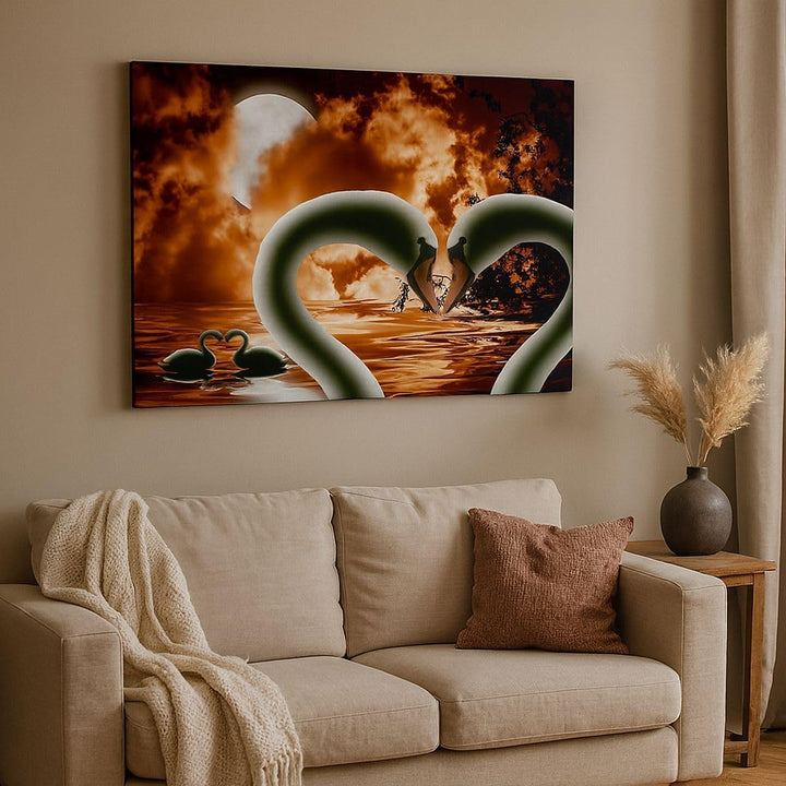 Bilder auf Leinwand Schwäne Nacht Liebe Leinwandbild mit Rahmen 70x50cm Wandbilder Dekoration Wohnzi