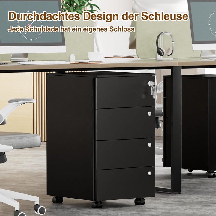 Rollcontainer, Mobiler Aktenschrank mit 4 Schlössern, 4 Schlüssel, 4 Schubladen, Rollcontainer Schre