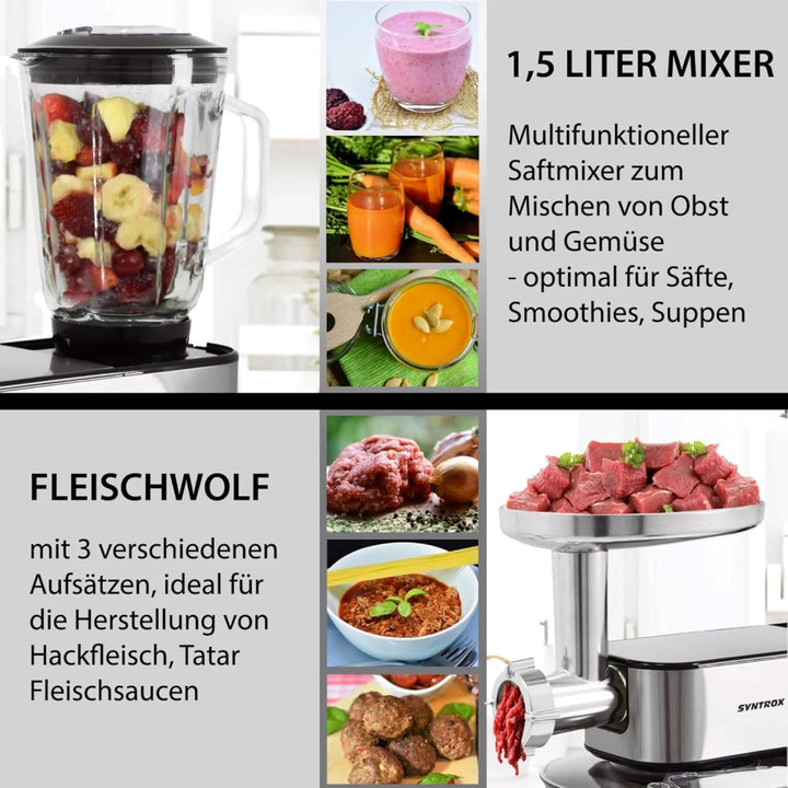 Syntrox Küchengerät Kagus Edelstahl 6 Liter Küchenmaschine & Fleischwolf, Knethaken, Schneebesen, LE