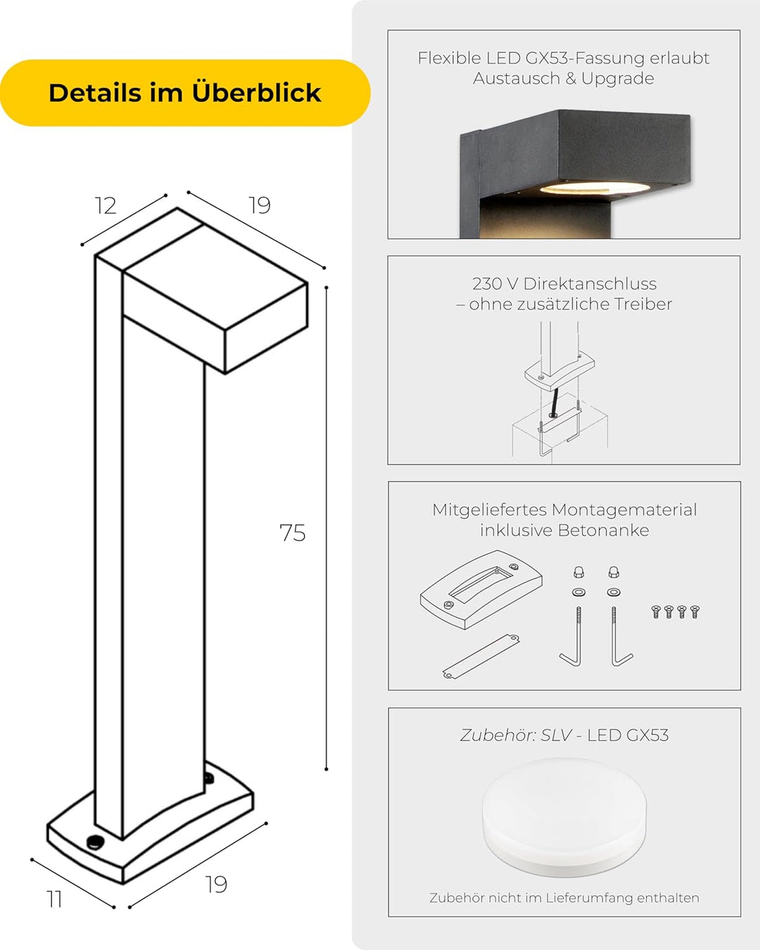 SLV QUADRASYL | Design Aussen-Standleuchte, Aussenbeleuchtung, Outdoor LED Wege-Leuchte, Weg-Beleuch