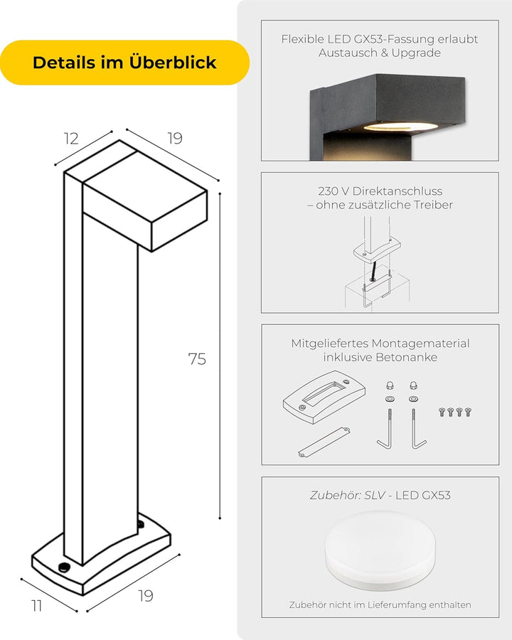SLV QUADRASYL | Design Aussen-Standleuchte, Aussenbeleuchtung, Outdoor LED Wege-Leuchte, Weg-Beleuch
