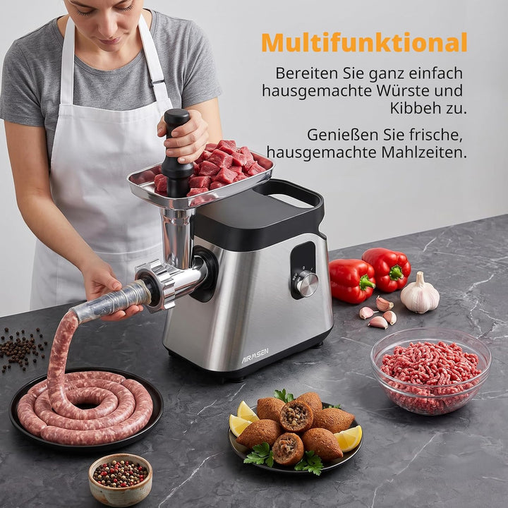 AIRMSEN Elektrischer Fleischwolf [3000W Max], 2 Stufen，Edelstahl S Fleischwolf-Set, S Fleischwolf-Se