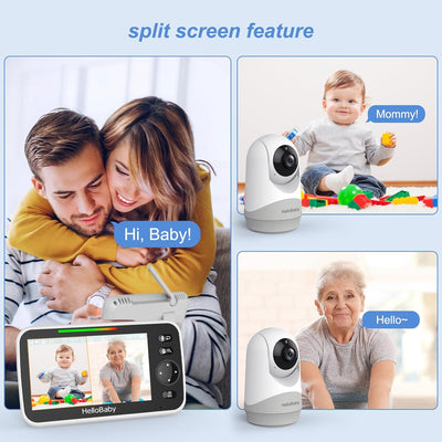 HelloBaby Video-Baby-Monitor, 5-Zoll-Split-Screen mit Dual-Kameras, Fernsteuerung Kameras mit Nachts