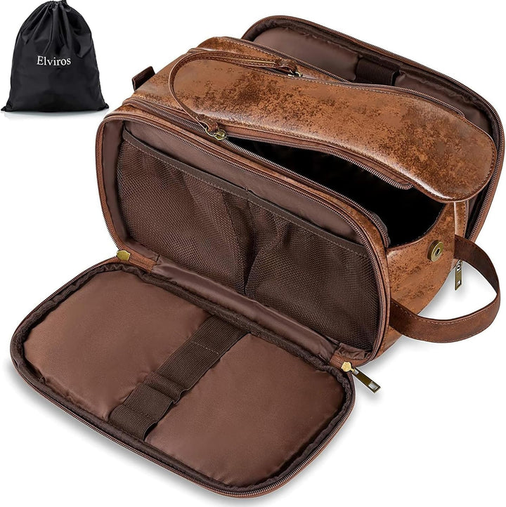 Elviros Kulturbeutel PU-Leder für Herren grosse wasserdichte Reise-Kulturtasche Waschtasche im Bade