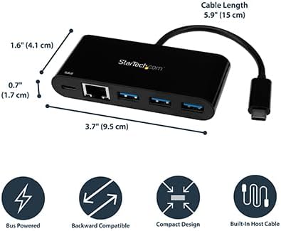 StarTech.com USB-C auf Ethernet Adapter mit 3 Port USB 3.0 Hub und Stromversorgung - USB-C GbE Adapt