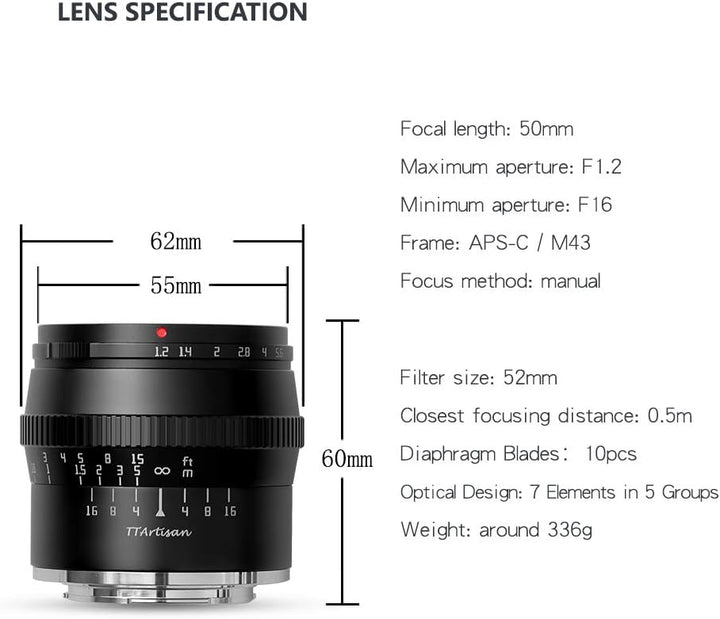 TT Artisan 50mm F1.2 APS-C Objektiv Anschluss MFT Mount Black Manueller Fokus optischer Aufbau 11 El