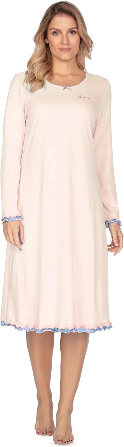 e.FEMME Damen Nachthemd Marion 333, Langarm, aus 50% Baumwolle und 50% Modal Lachs- Druck 48, Lachs-