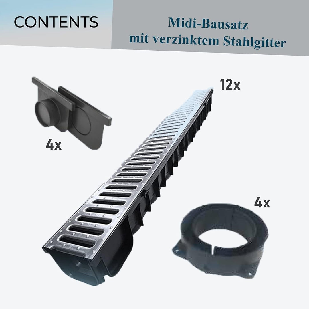 Entwässerungsrinne STAHL A15 Garage-Set 12 Meter Kit Midi-Kanal Rinne DAKOTA GUNNEX (12m), 12m
