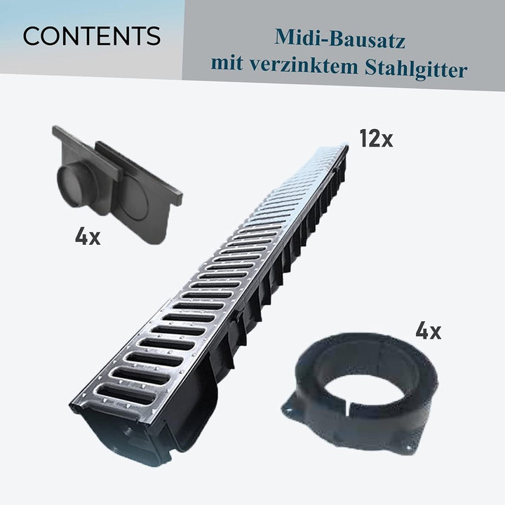 Entwässerungsrinne STAHL A15 Garage-Set 12 Meter Kit Midi-Kanal Rinne DAKOTA GUNNEX (12m), 12m