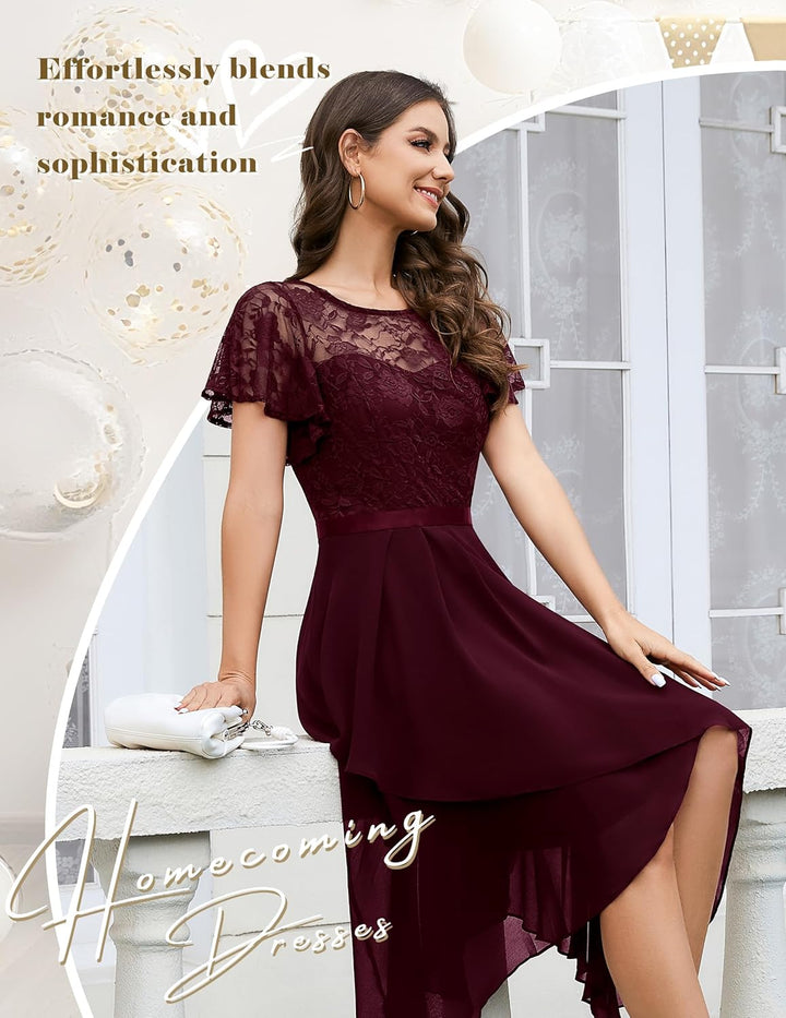 Wedtrend Abendkleid Damen Elegant Cocktailkleid High Low Ballkleider mit Spitzen A Linie für Hochzei