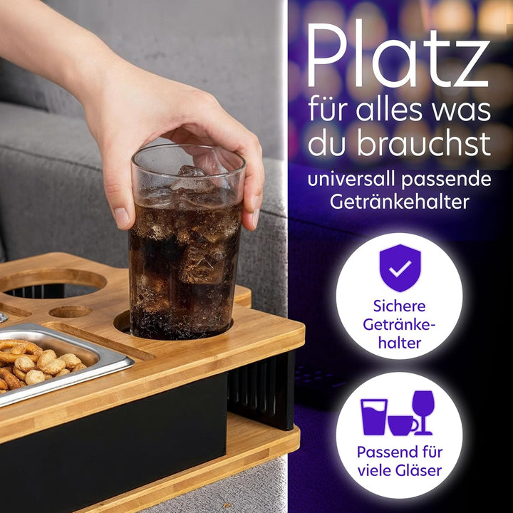 AH® Couchbar Snackbox mit Leuchteffekt – Bambus Sofa Tablett mit 2 Edelstahl-Schalen, Handy- & Geträ