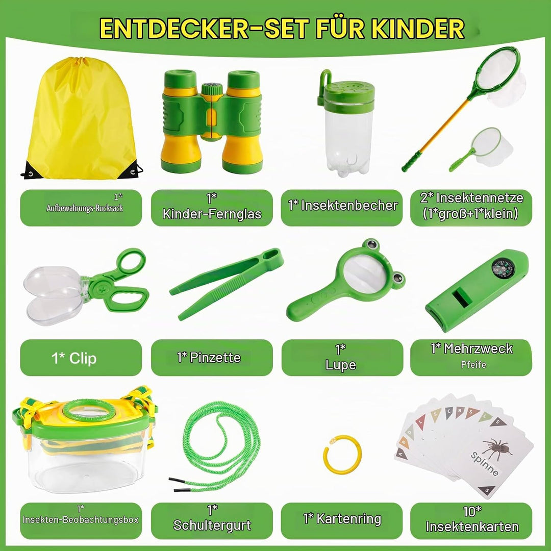 Forscherset für Kinder ab 4, 22 Stück Entdecker Set mit Insektenfänger Kompass Becherlupe Fernglas f
