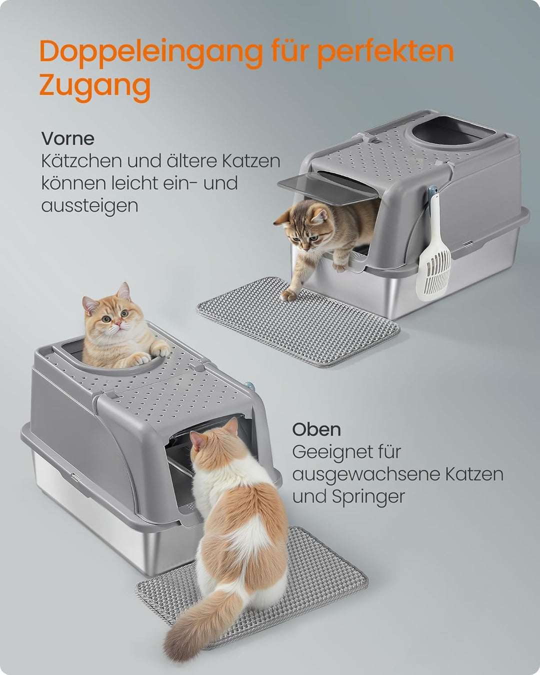 Feandrea Katzenklo Edelstahl, XL, Katzentoilette mit Deckel, mit Schaufel, Bürste und 2 Eingängen, f