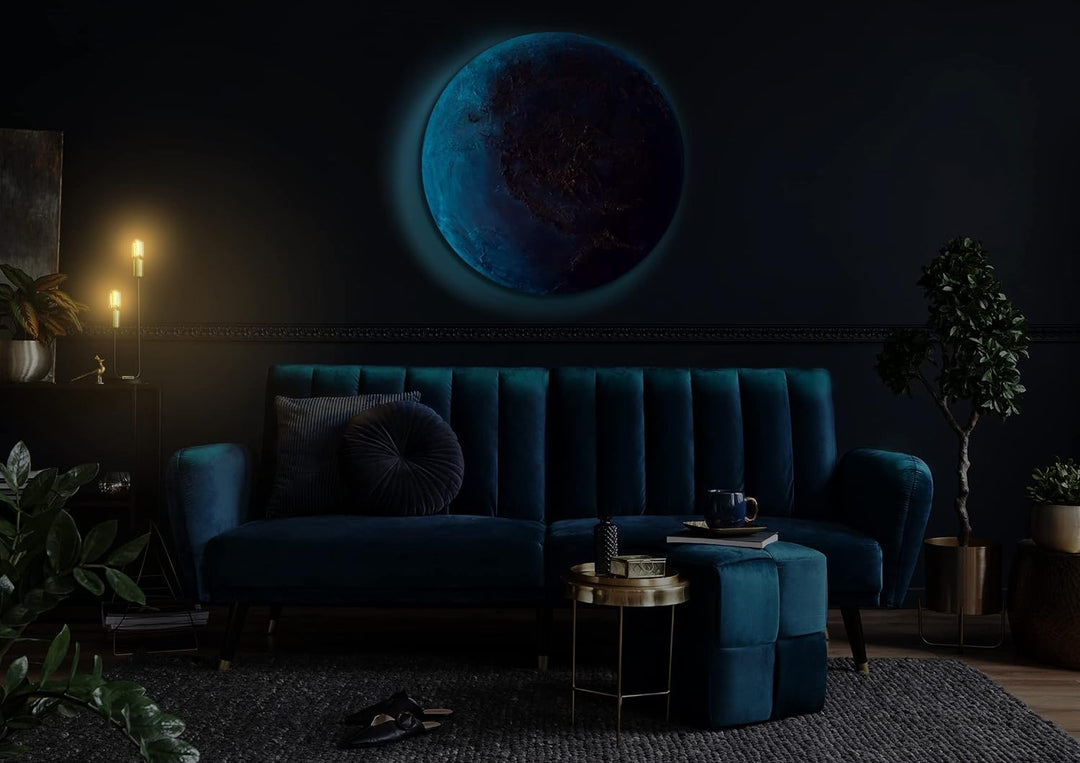 YS-Art Abstrakt Fluoreszierendes selbst leuchtendes Acryl 3D Gemälde auf runder Leinwand Neptun hand