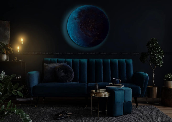 YS-Art Abstrakt Fluoreszierendes selbst leuchtendes Acryl 3D Gemälde auf runder Leinwand Neptun hand