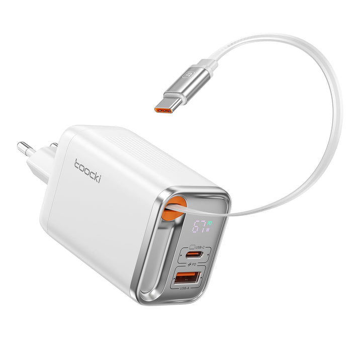 toocki USB C Ladegerät, 3Port GaN Mehrfach Ladegerät mit Schnell Einziehbares Ladekabel,67W USB C Ne