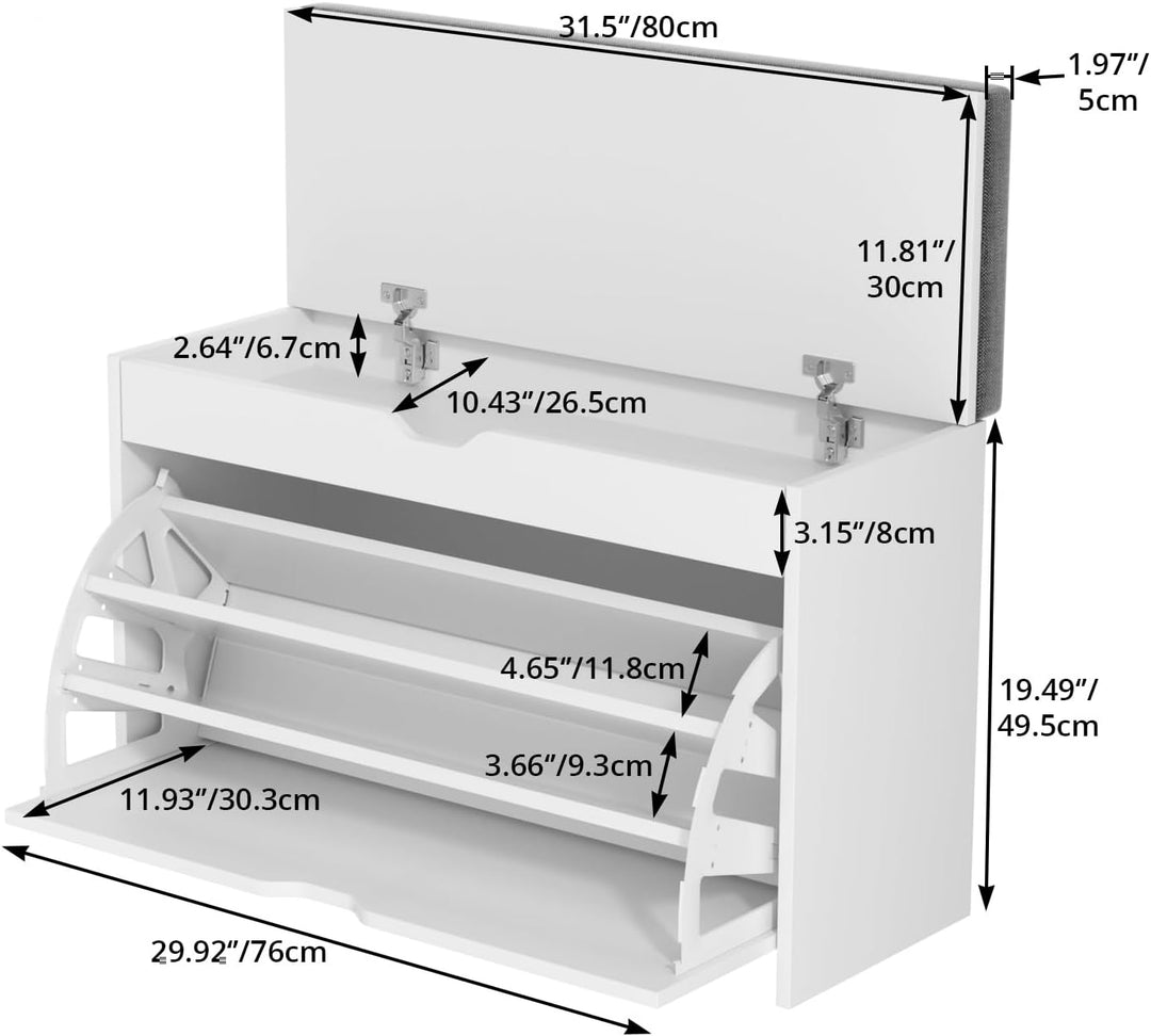 VOWNER Schuhschrank mit Klappen, Schuhregal Schuhkipper Schmal, Sitzbank mit Sitzkissen, Verstellbar