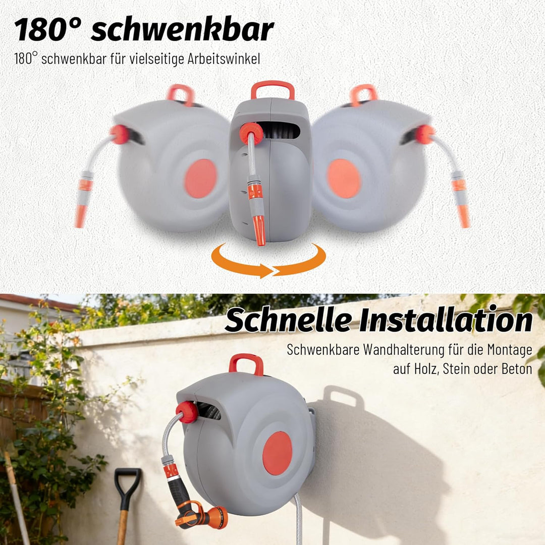Schlauchbox RollUp 30 m – 180° Schwenkbare Schlauchtrommel, Flexible Bewässerung für Grosse Gärten,