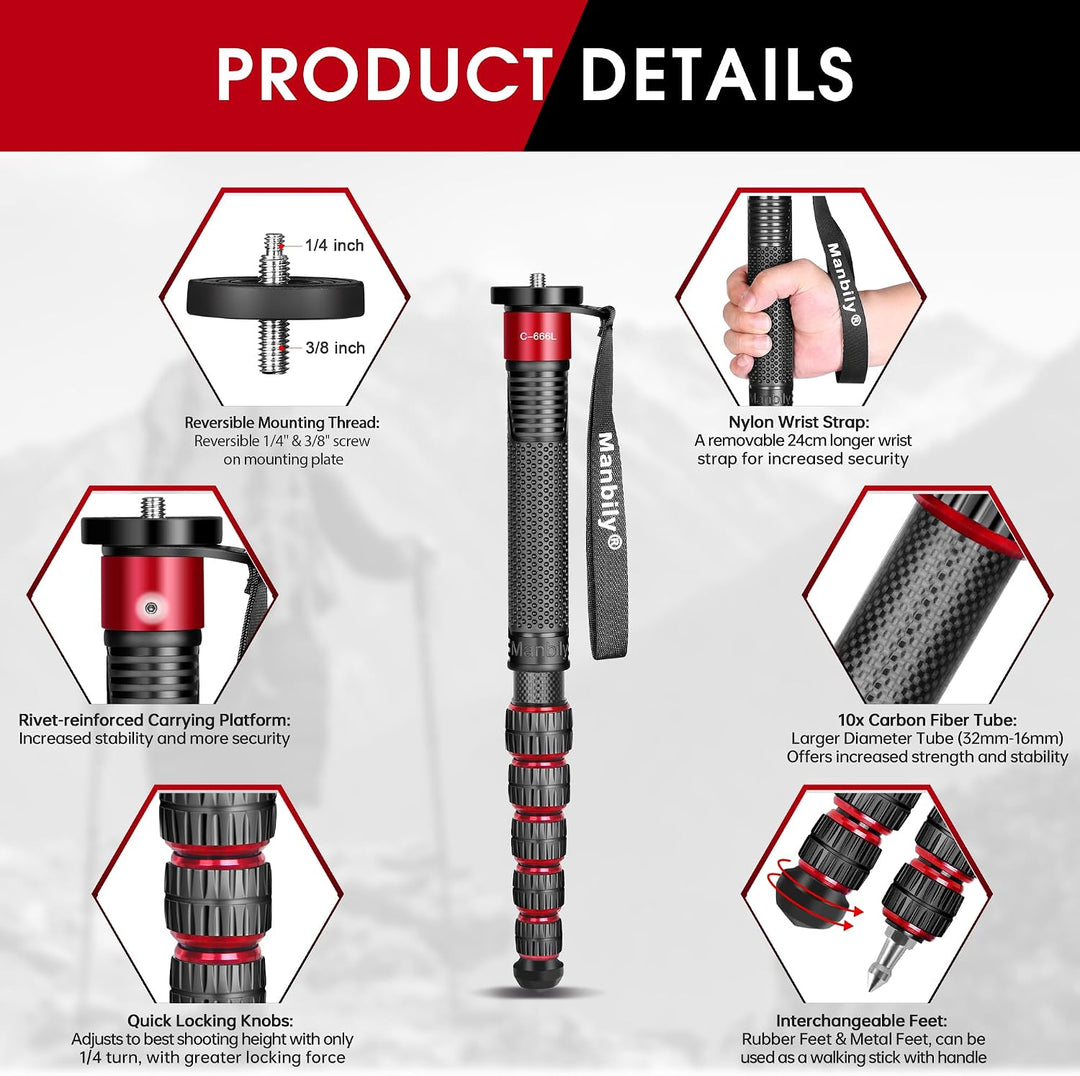 Manbily 32mm Einbeinstativ Carbon für Kameras 44cm-174cm Kohlefaser Monopod Stativ DSLR Reise-Einbei