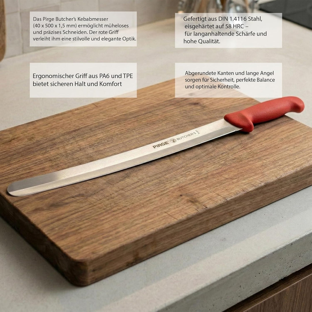 Pirge Butcher's Dönermesser 50 cm Rot - Aufschnittmesser - Schärfstes Döner Langmesser - Schneidemes