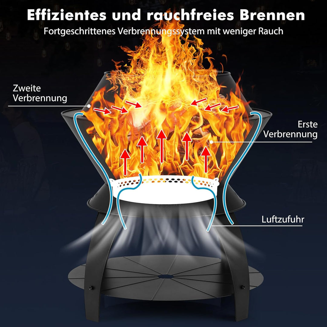 COSTWAY Feuerschale mit Topfhalter und Ablage, Feuerstelle mit rauchfreier sauerstoffangereicherter