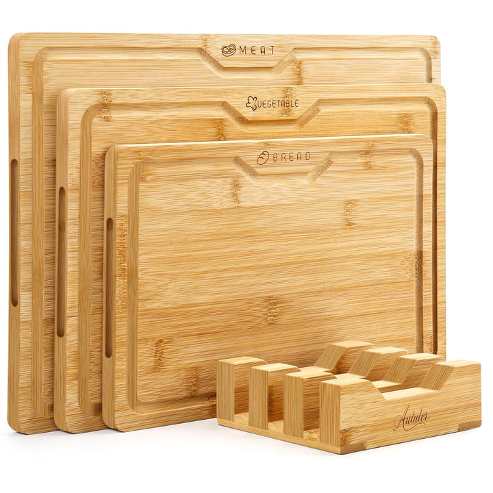 Bambus Schneidebrett Set 3-teilig mit Halter – Grosse Küchenbretter aus Bambus (40x28 / 36x24 / 30x2