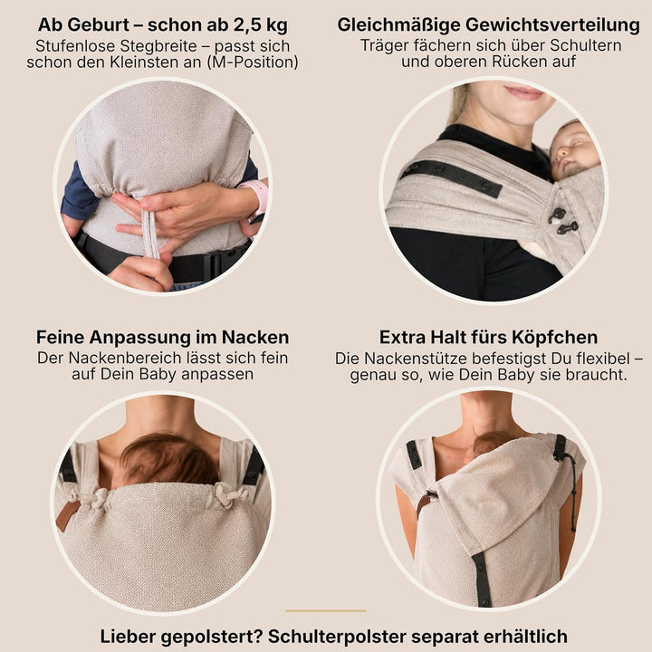 Hoppediz Primeo Babytrage für Neugeborene – Ergonomische Babytrage aus 100% kbA Baumwolle – Bauchtra