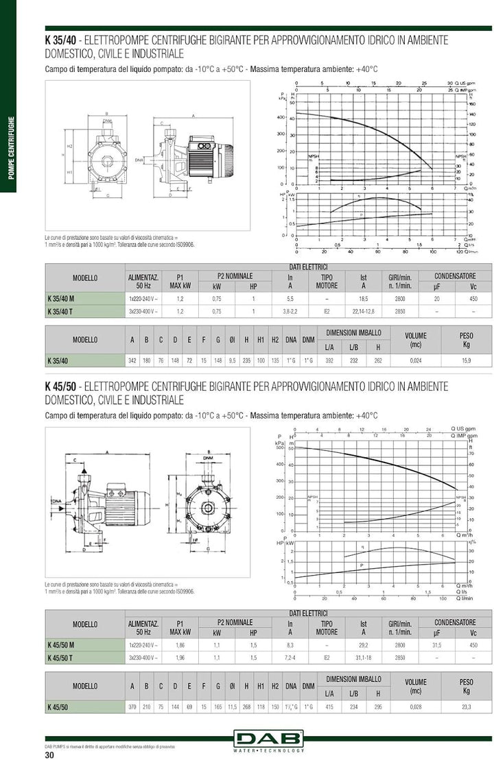DAB K 45/50 T 1,5 HP 3 x 230-400 V ~ 3-Phasen-Kreiselpumpe zur Herstellung von Druckgruppen, Bewässe