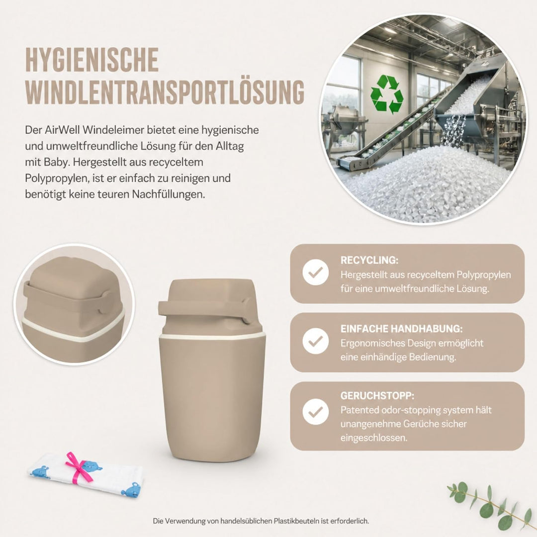 AirWell Windeleimer Geruchsdicht & Windel Blaubaer - Wickeleimer, mit Geruchsstopp-System, Einhändig