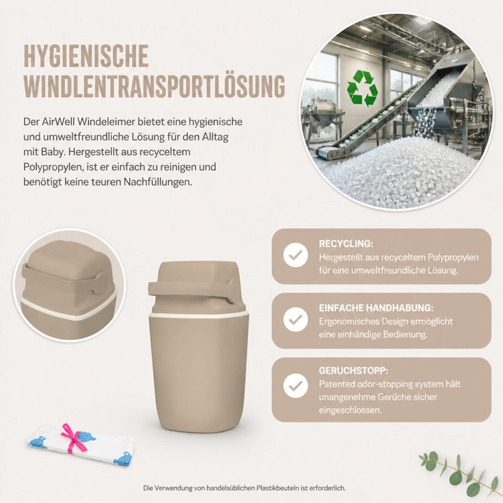 AirWell Windeleimer Geruchsdicht & Windel Blaubaer - Wickeleimer, mit Geruchsstopp-System, Einhändig