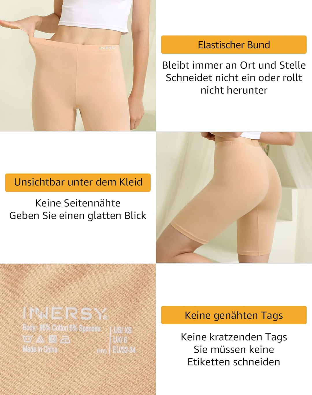 INNERSY Radlerhose Damen Baumwolle Lange Unterhose Anti Scheuern Kurze Hose Unter Kleid 3er Pack S B