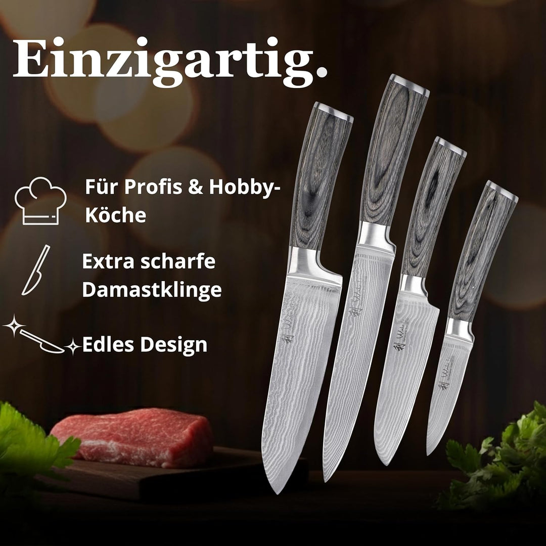 Wakoli Edis 4er Damastmesser-Set mit Klingenlängen von 8,50 bis 18 cm, extrem scharf aus 67 Lagen I