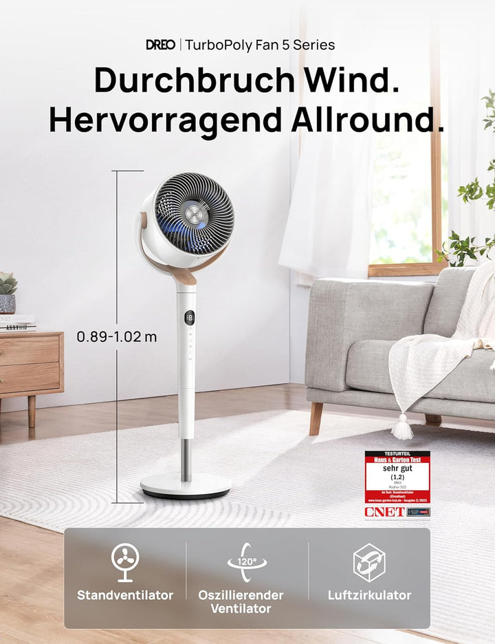 DREO 20dB leiser Standventilator, 120°+120° Omni-direktionale oszillierende Ventilator, 26M Windentf