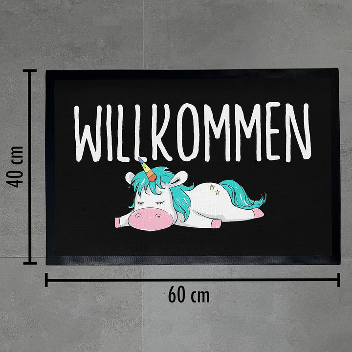Trendation - Willkommen Fussmatte Einhorn Lustig Geschenk Frauen Fussmatte Innen und Aussen-Bereich