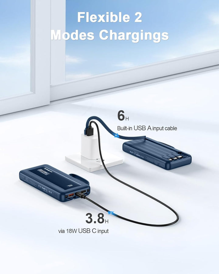 Powerbank mit integrierten Kabeln, 10000mAh, 22,5W Schnellladefunktion, USB-C LED-Anzeige, tragbares