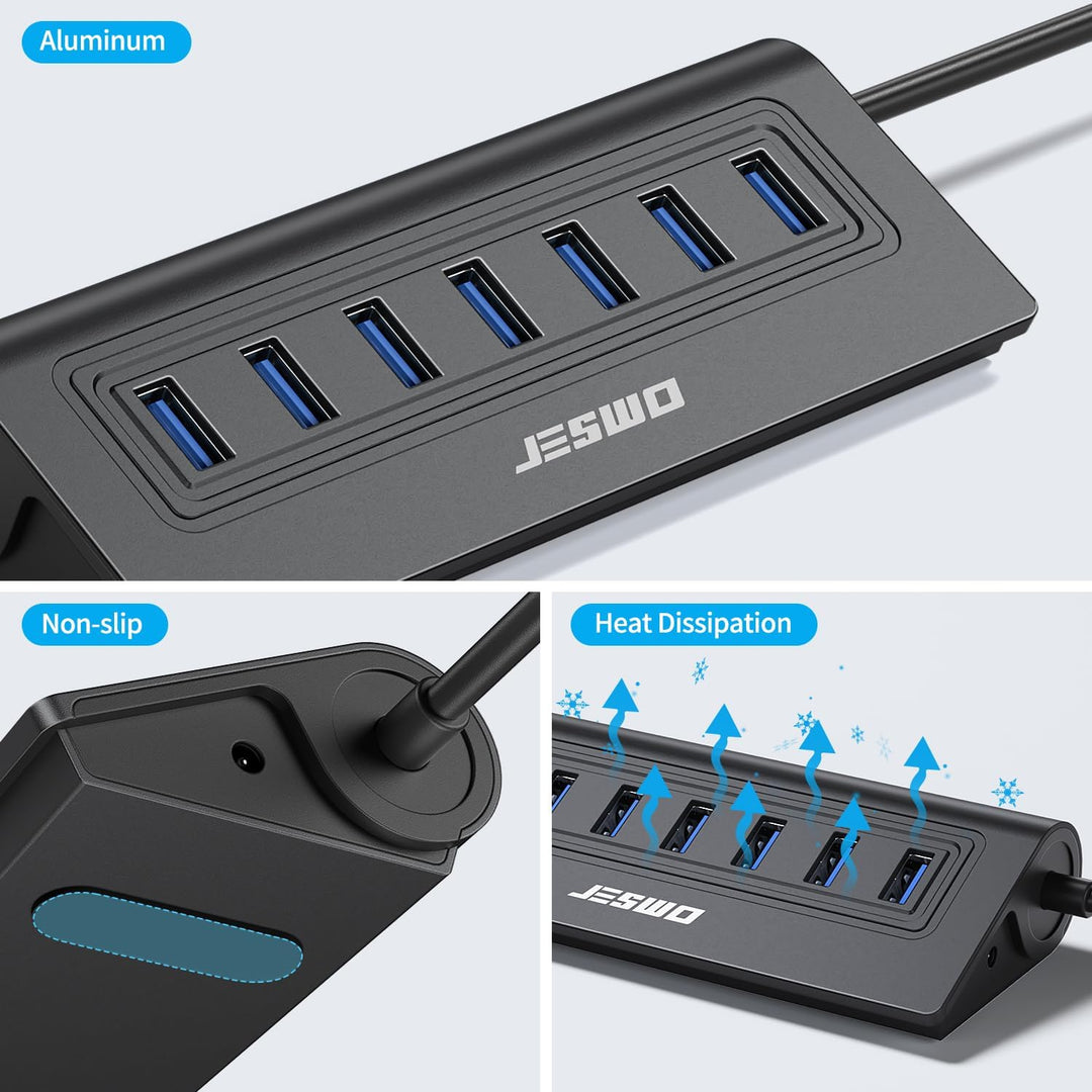 7-Port USB 3.0 Hub, Aluminium USB Verteiler 5Gbps Multiport Adapter mit 100cm Langkabel und 5V/4A St