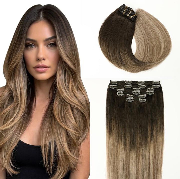 SURNEL Clip Echthaar Extension Haarverlangerung Echthaar Clips 14 Zoll 100g Dunkelbraun Mischung Mit