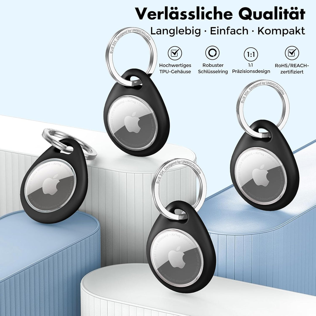 UNBREAKcable 360° Schutzhülle für AirTag [4er-Pack], TPU Vollschutz Schlüsselanhänger mit 304 Edelst