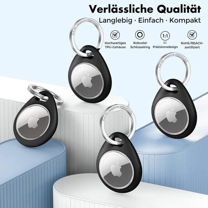 UNBREAKcable 360° Schutzhülle für AirTag [4er-Pack], TPU Vollschutz Schlüsselanhänger mit 304 Edelst