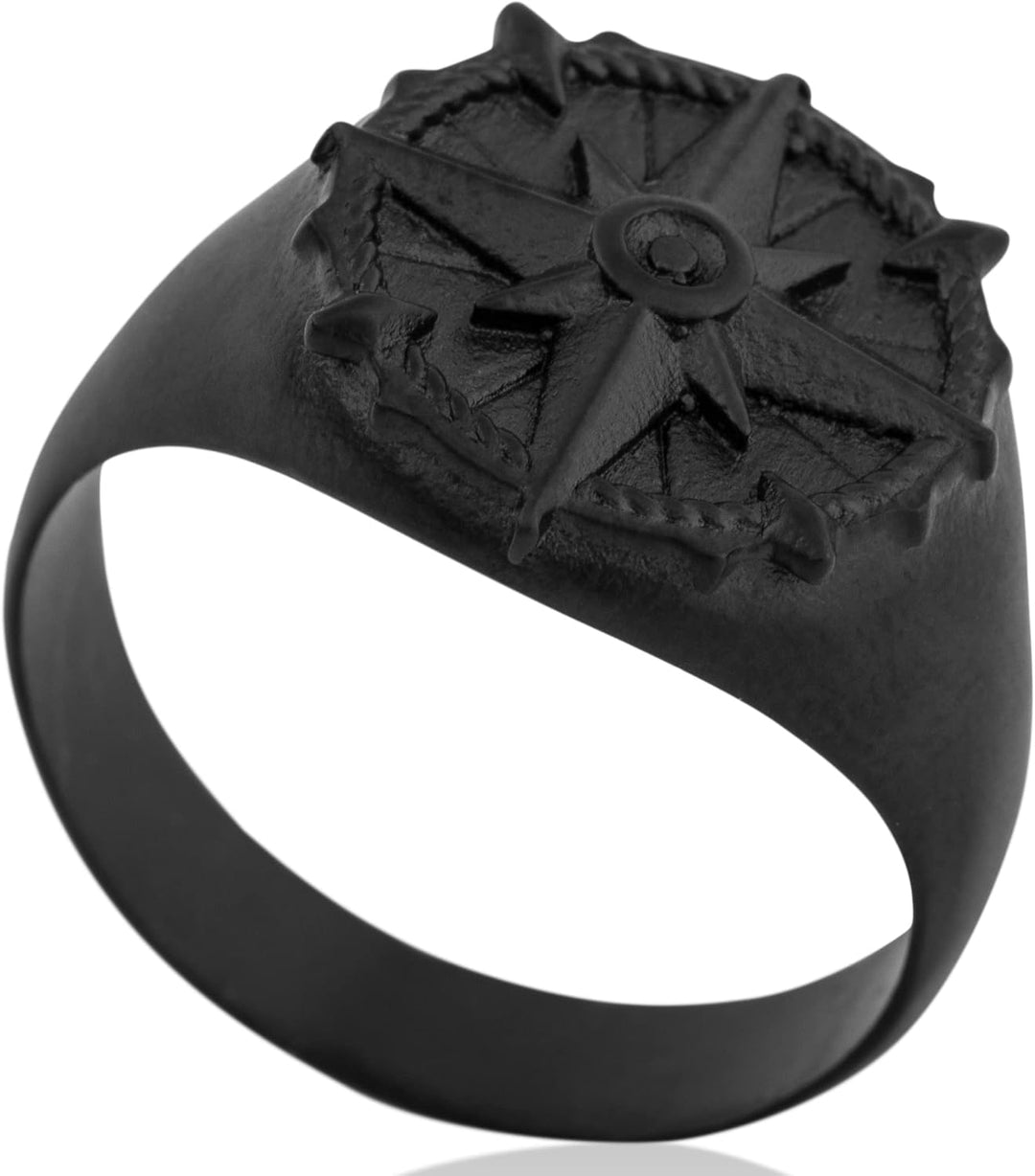 Akitsune Guidance Ring | Kompass Karte Nord Nautisch Ring Herren Edelstahl Designer Mattschwarz 67 (