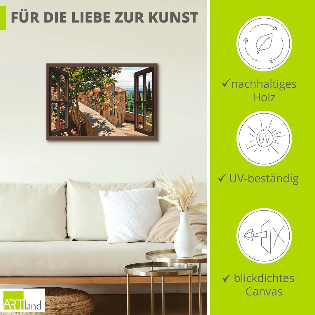 ARTland Leinwandbild Wandbild Bild auf Leinwand 130x90 cm Wanddeko Fensterblick Fenster Toskana Land