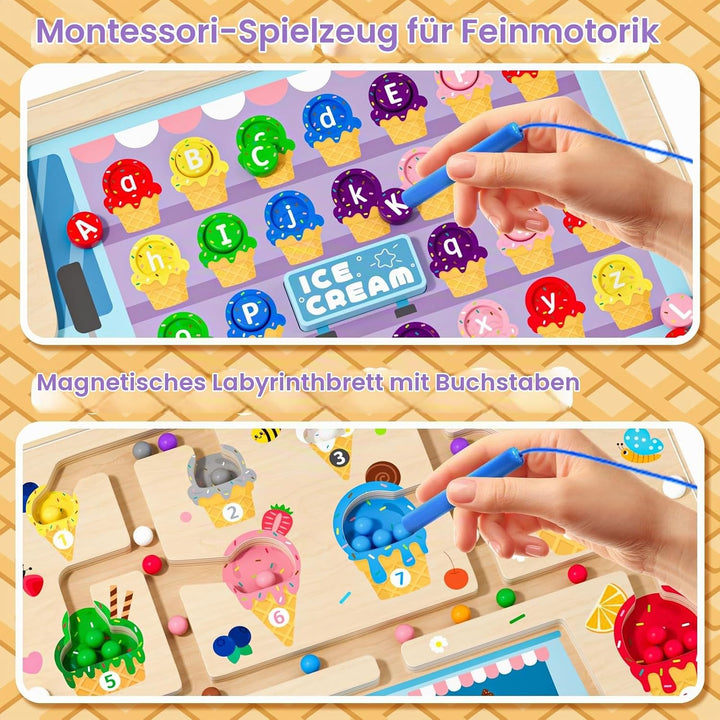 2-in-1 Magnetisches Eiscreme-Zahlen-Labyrinth Holzpuzzle für Kinder