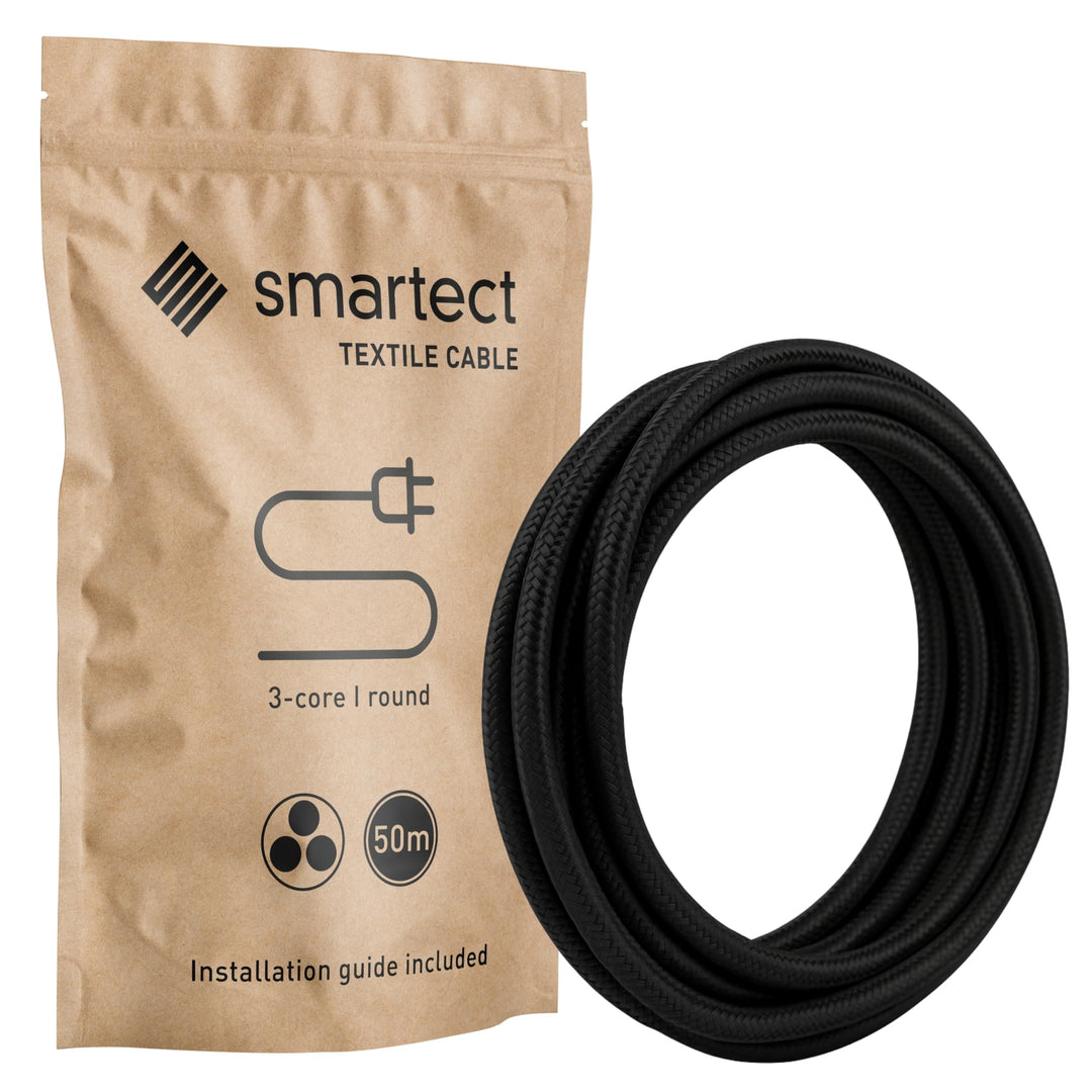 smartect Textilkabel Schwarz, 50 Meter Vintage Lampenkabel Stoff, 3-Adrig (3 x 0.75 mm²) Stromkabel