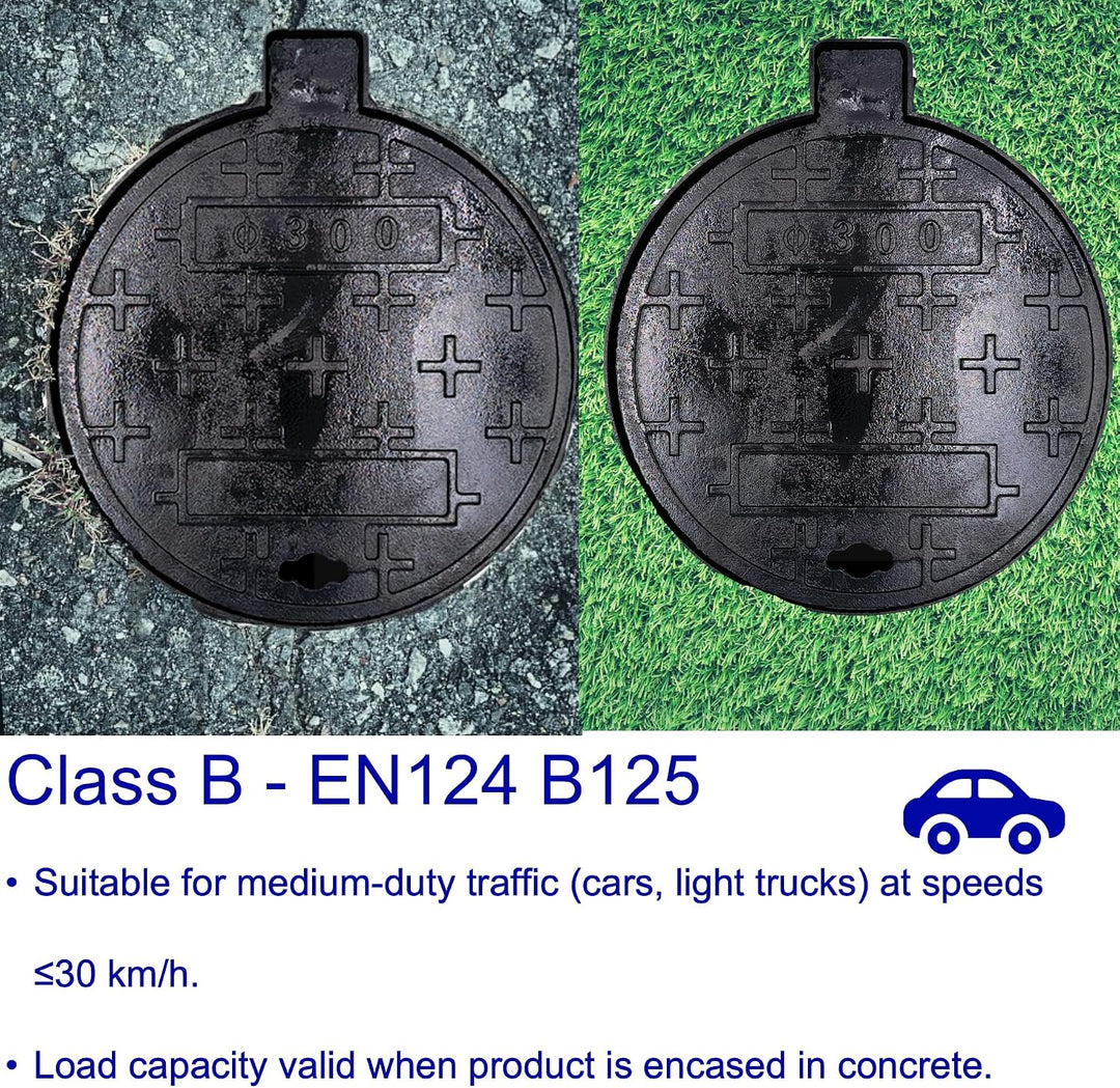 Schachtdeckel aus Gusseisen mit Rahmen, schwarz Ø 480 mm Ø 480 mm Lichte Weite, Ø 480 mm Lichte Weit