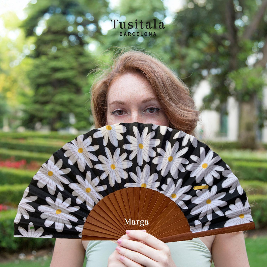 Spanischer Handfächer Triana – Holz und Baumwolle – 23 cm – Etui und Hülle aus Jute – Modeaccessoire