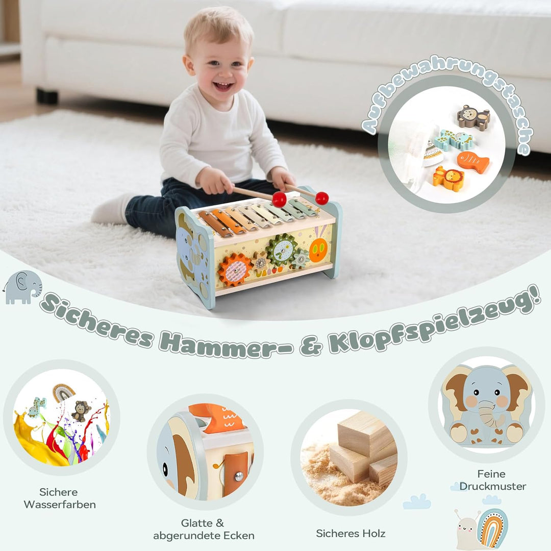 Montessori Spielzeug ab 1 Jahr, 6 in 1 Holzspielzeug ab 1 Jahr, Motorikspielzeug mit Hammerspiel Ang