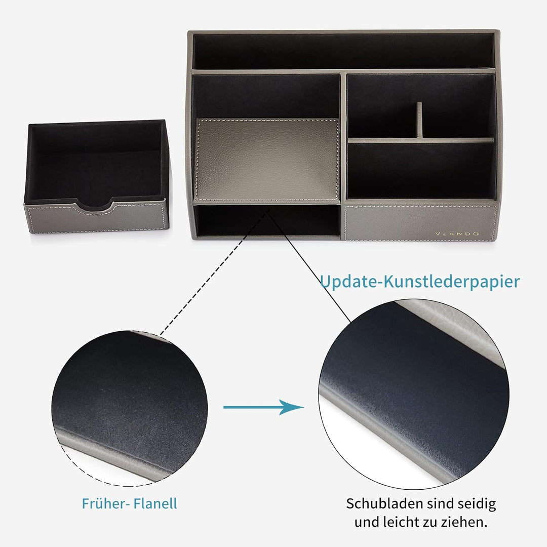 Vlando Schreibtisch-Organizer Edel mit 5 Fächern, Stifteköcher inkl. Schublade Leder, Organizer Büro