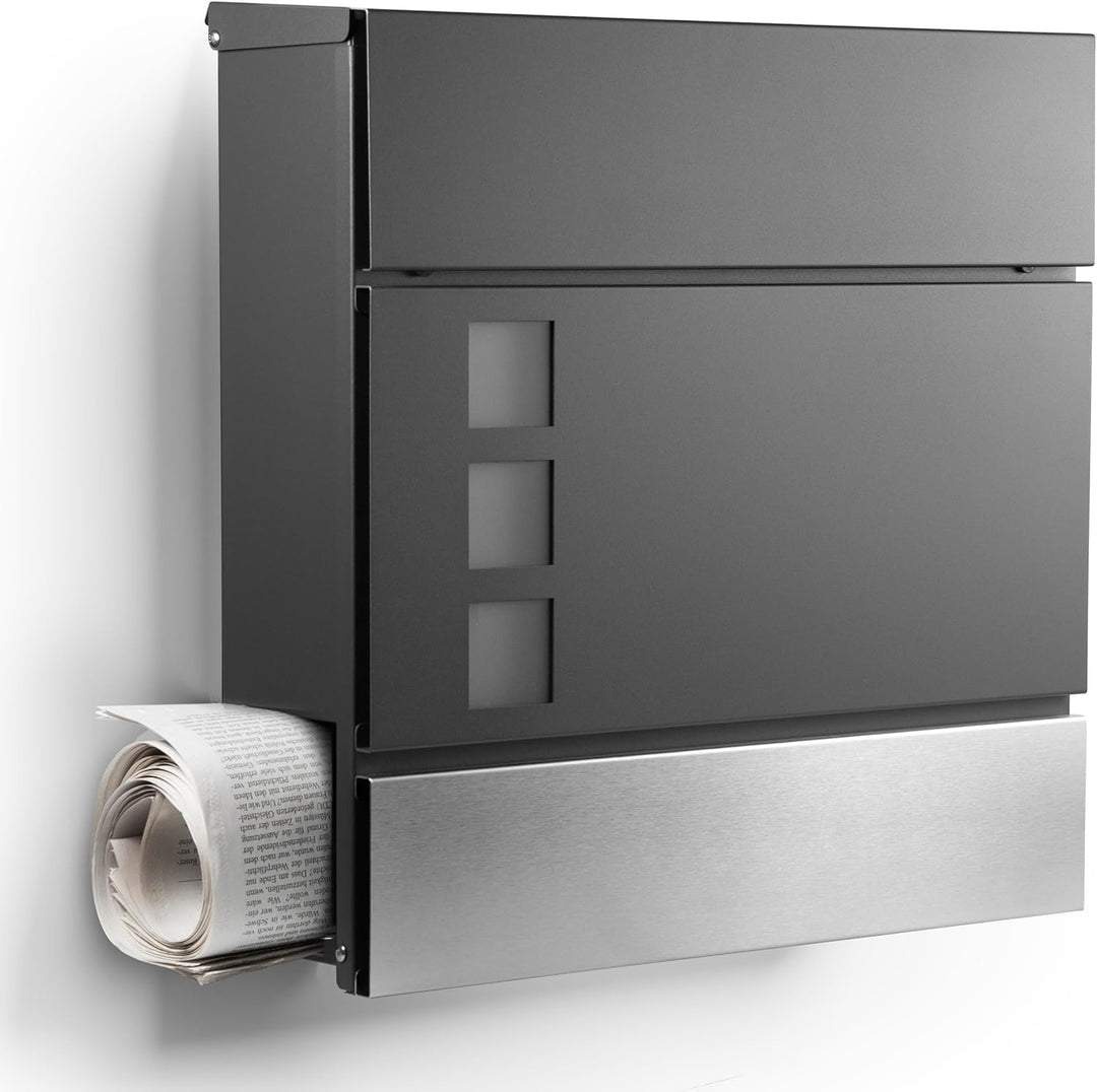 NewHabitat I Moderner Briefkasten Anthrazit mit Zeitungsfach - Wandbriefkasten mit Sichtfenster - Ro