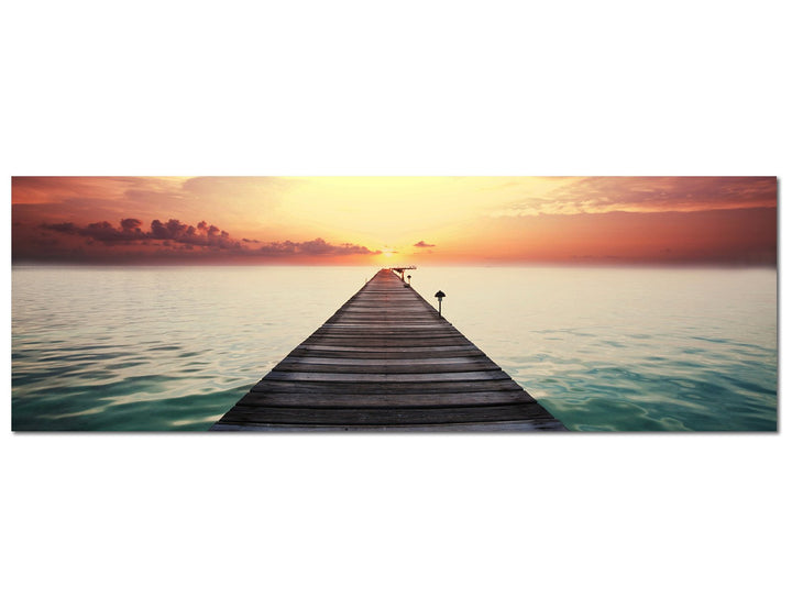 Paul Sinus Art Panoramabild auf Leinwand und Keilrahmen 120x40cm Meer Strand Steg Wolkenhimmel Abend